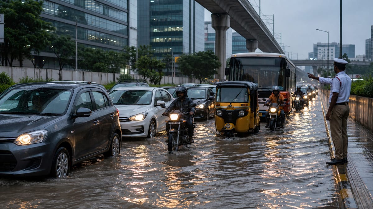 Waterlogged Hyderabad-style urban road with slow traffic showing rain disruption and idling fuel impact