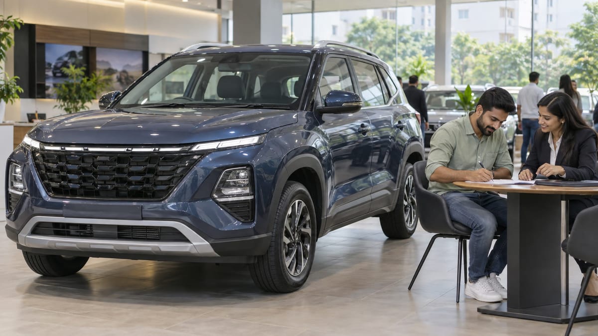 Unbranded midsize SUV displayed in an Indian showroom while a buyer completes a booking form