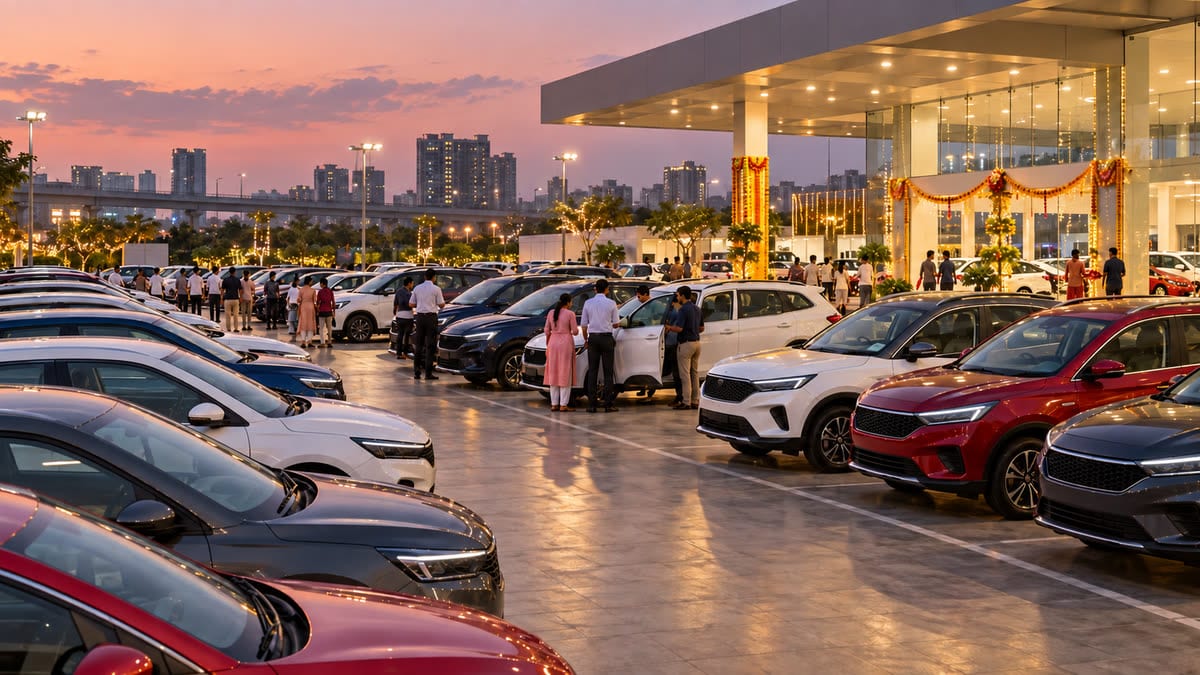 Rows of unbranded cars and customers at a festively decorated Indian dealership at dusk