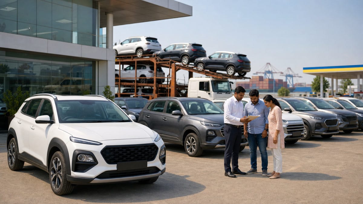 Unbranded passenger cars at an Indian dealership with carrier and export logistics context representing Hyundai Motor India May 2026 sales growth