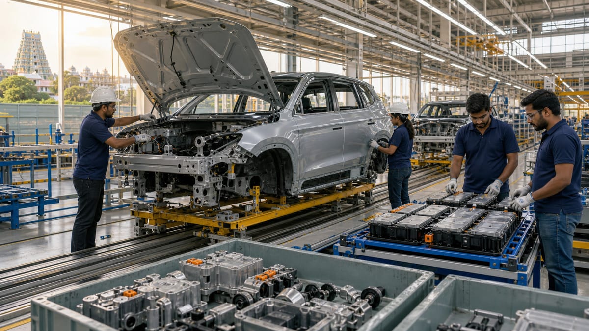 Electric SUV body shell and battery modules on a Tamil Nadu EV manufacturing line with technicians inspecting local components