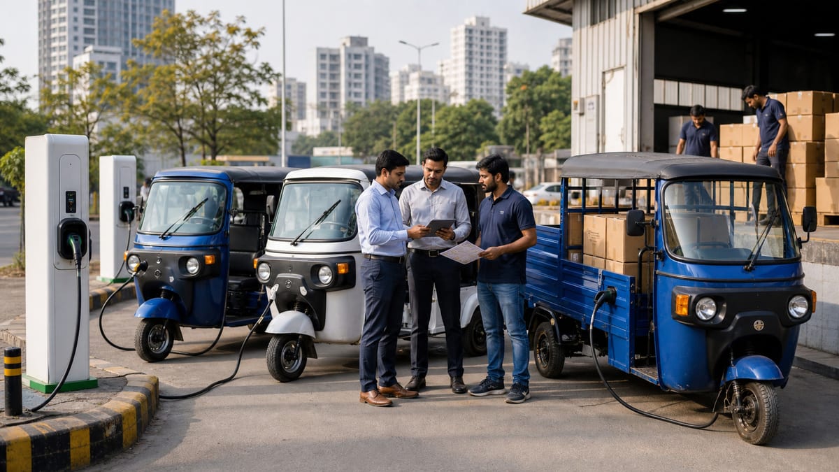 Electric passenger and cargo three-wheelers at a city charging and logistics point in India