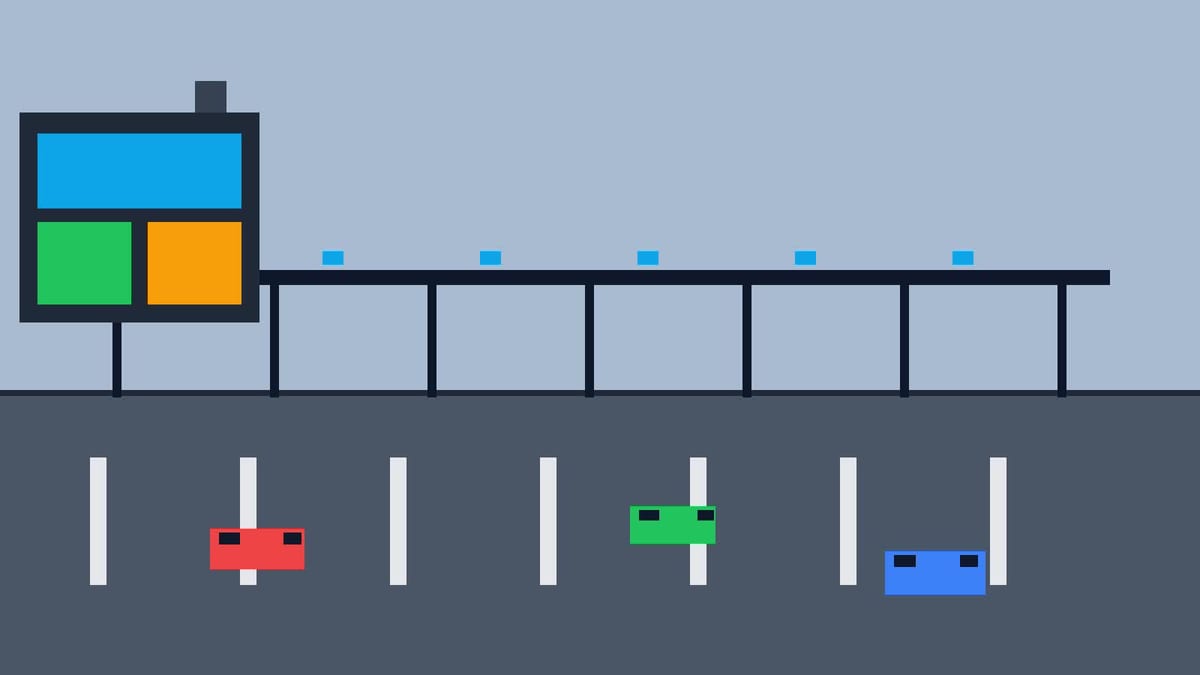 Editorial visual of toll gantries, ATMS display and highway lanes