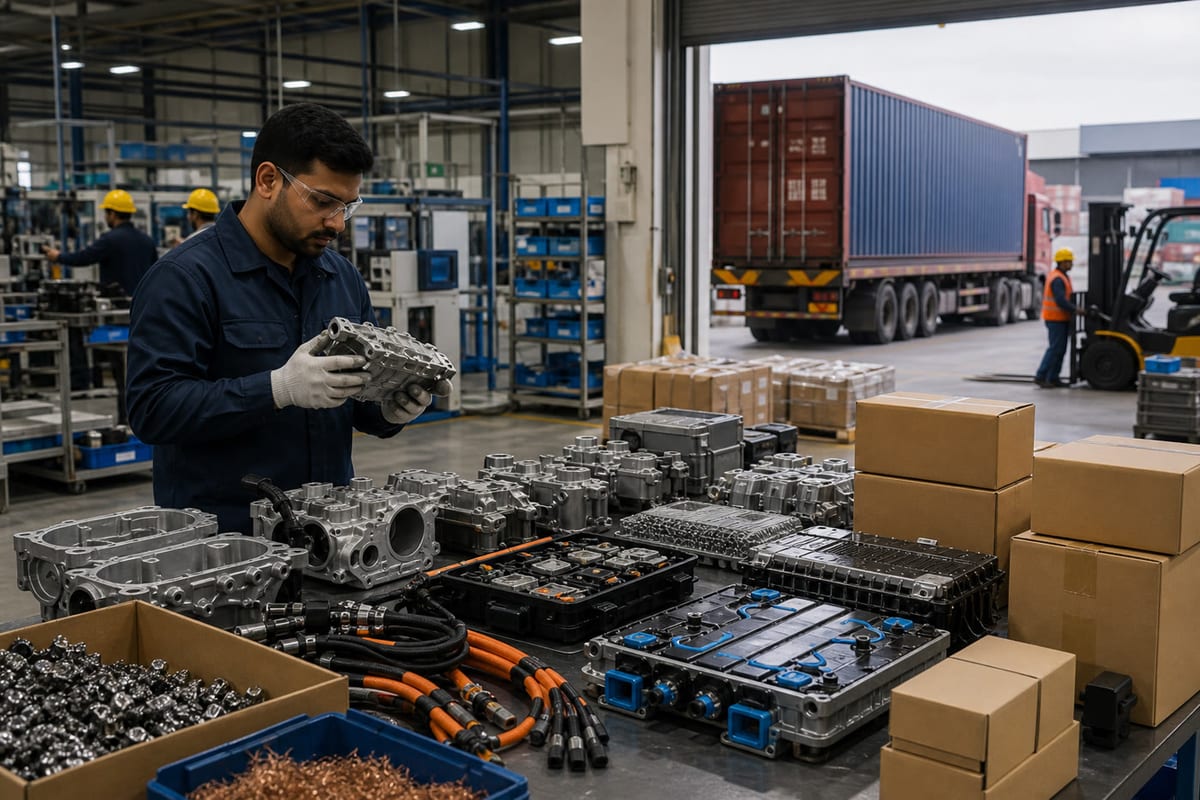 Indian auto component factory with EV parts, machined components and freight truck at loading bay