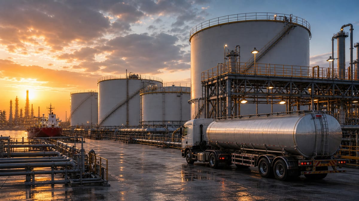 Crude oil tank farm and tanker truck representing India's plan to build larger refinery inventories