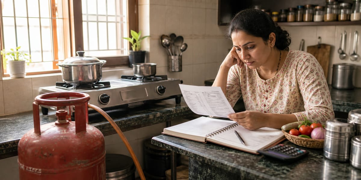 Indian household kitchen with domestic LPG cylinder and monthly budget bill showing cooking gas price impact