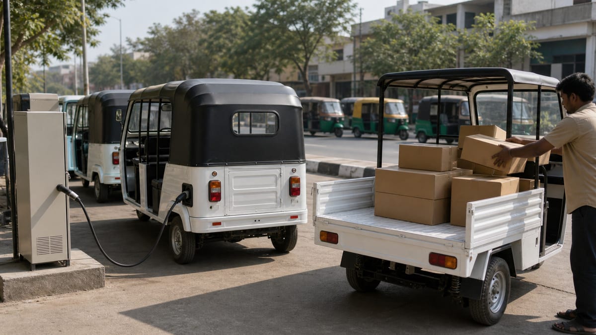 Unbranded electric three-wheelers charging and carrying parcels for Indian last-mile mobility