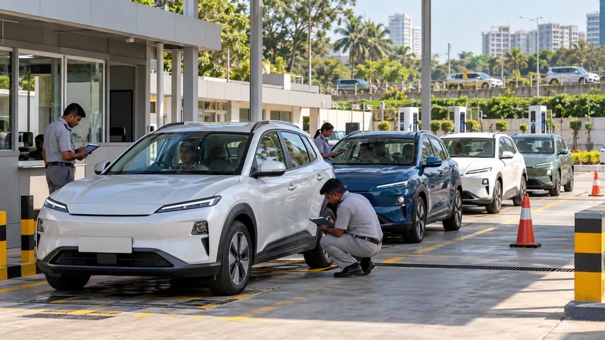 Illustrative view of unbranded electric cars charging at an urban Indian charging hub