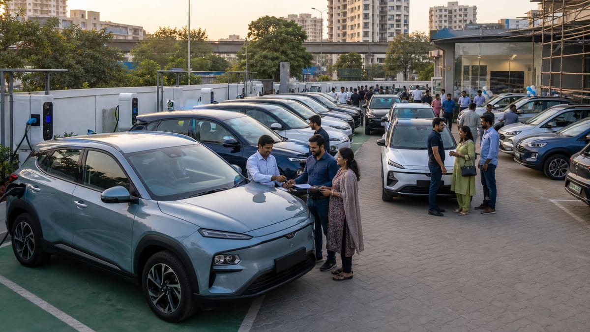 Indian EV delivery yard with multiple electric cars and customers completing registrations