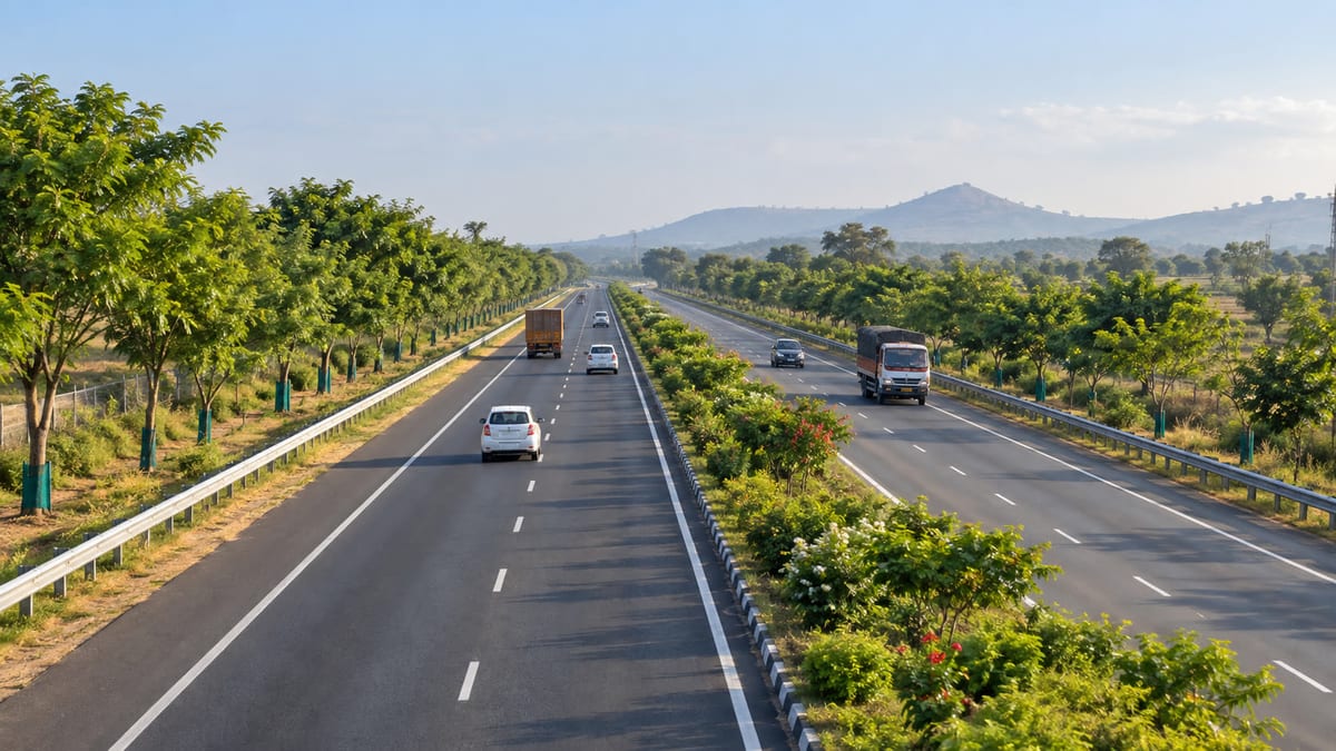 Illustrative Indian divided national highway with planted roadside trees and a green median