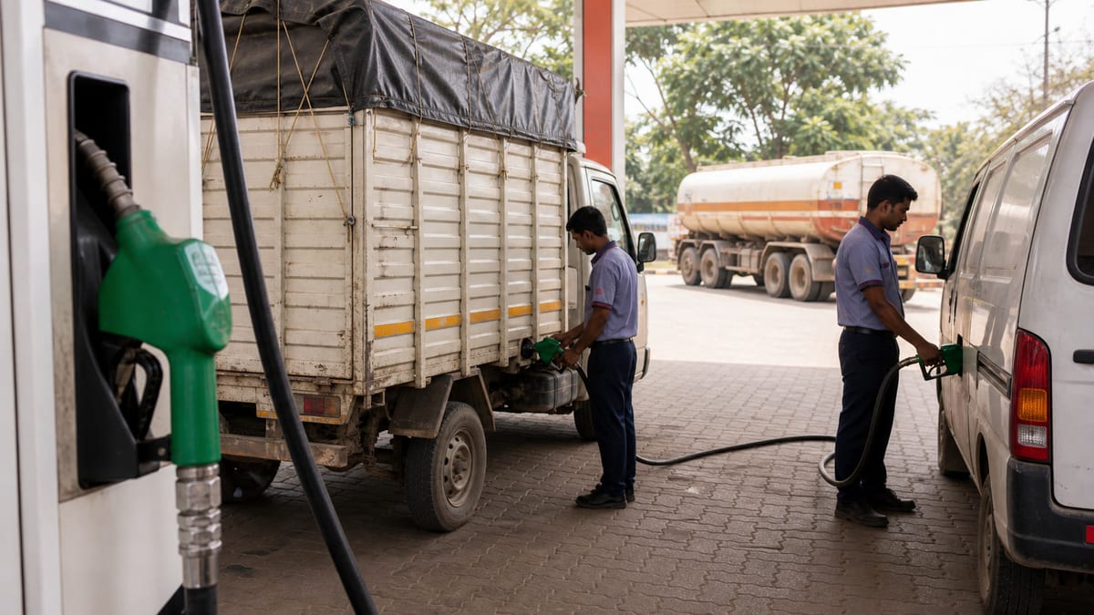 Commercial vehicles refuelling at an Indian petrol pump after fuel-sale curbs were lifted