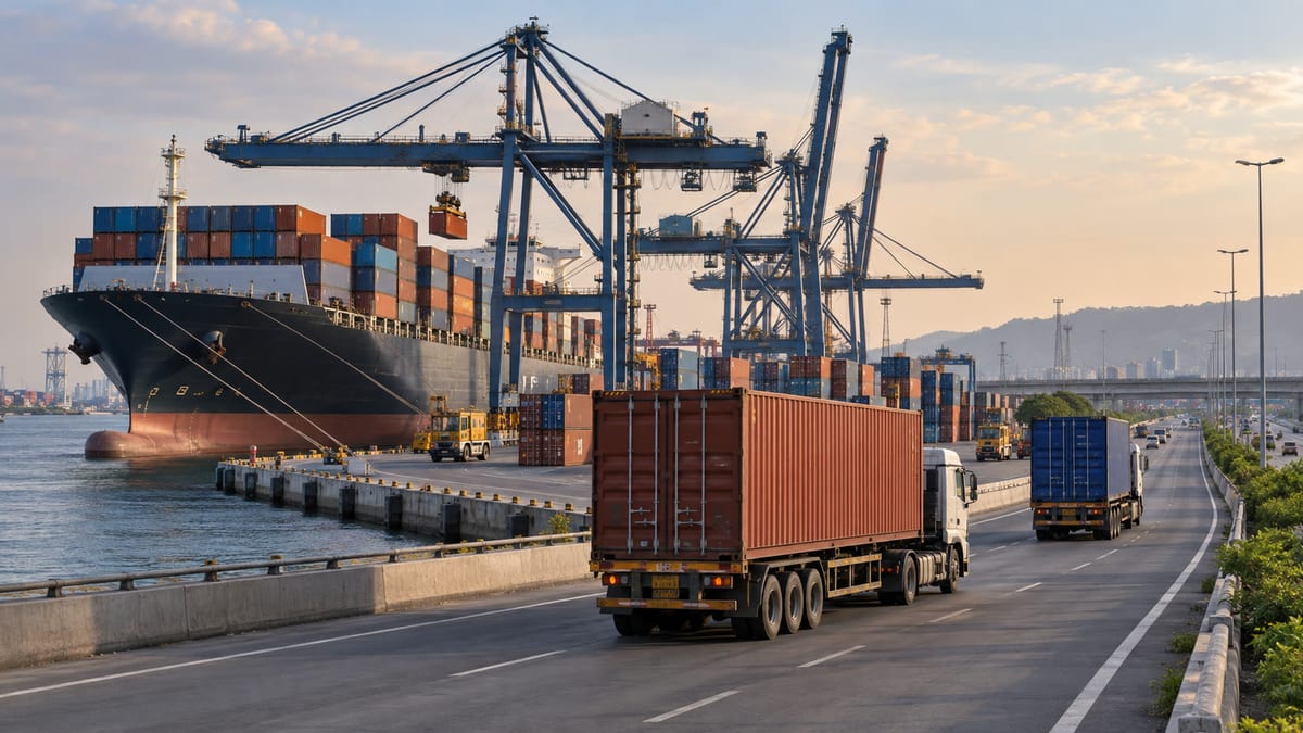 Container ship, cranes and trucks linking an Indian port to a highway