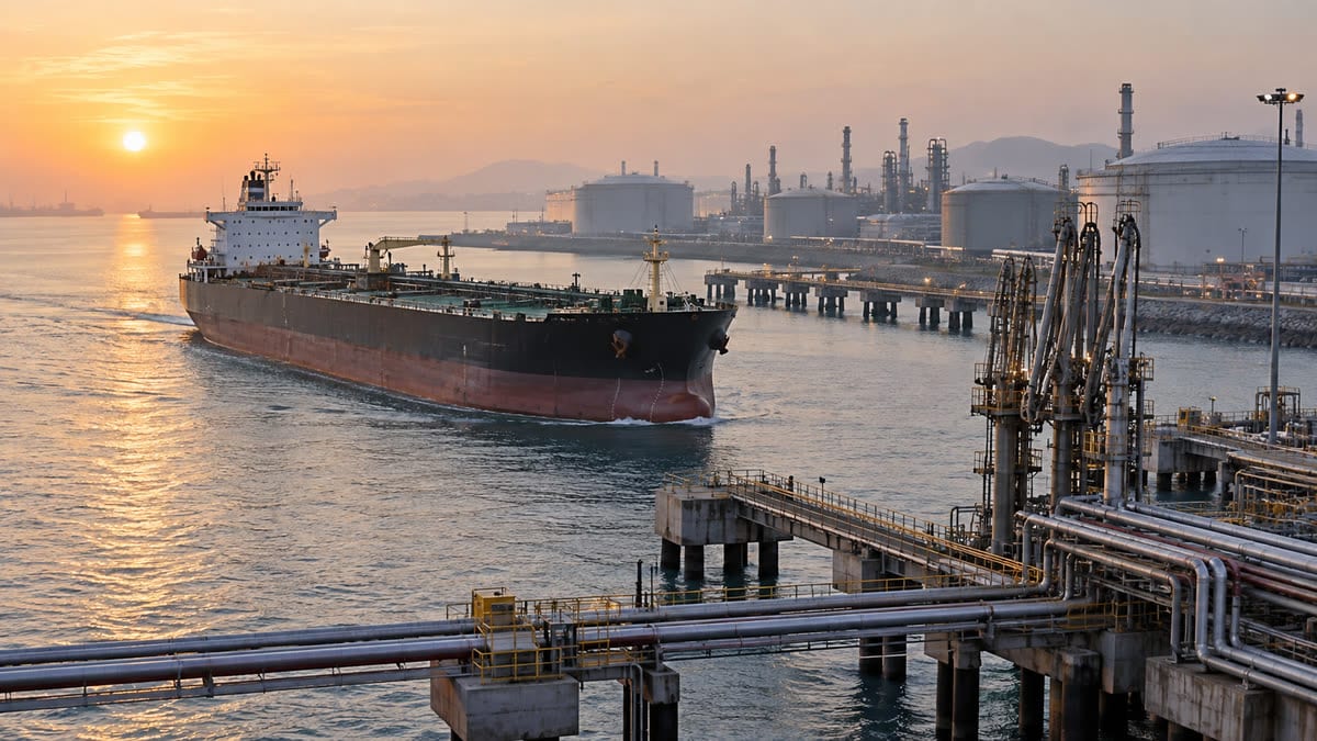 Unbranded crude tanker approaching an Indian refinery terminal with storage tanks and pipelines