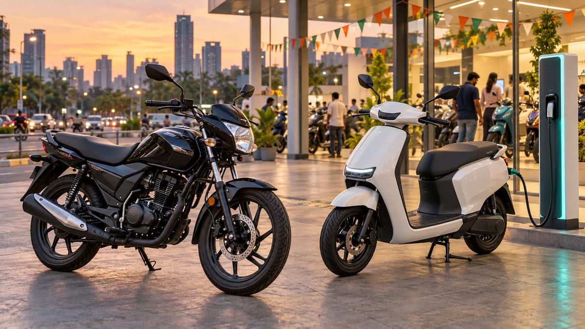 Generic petrol motorcycle and electric scooter displayed outside an Indian dealership beside an EV charger