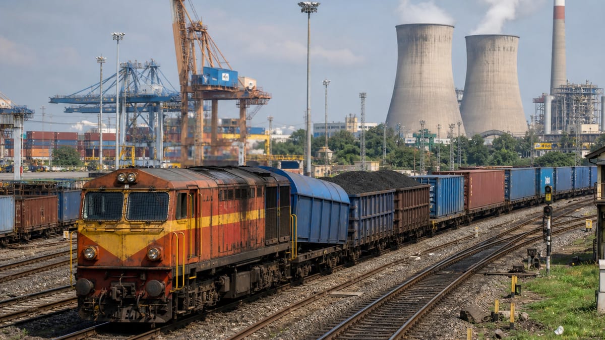 Indian freight train carrying coal and mixed cargo through a logistics rail yard