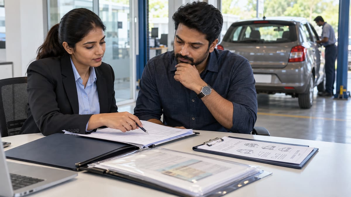 Two people reviewing motor insurance and vehicle inspection documents beside a car in an Indian service bay