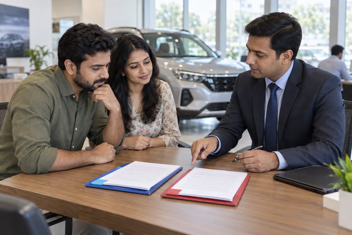 Indian car buyer reviewing separate vehicle-loan and motor-insurance documents at a dealership desk