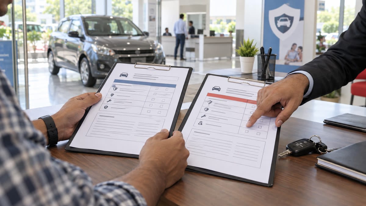 Customer comparing two motor insurance policy forms beside a car in an Indian dealership