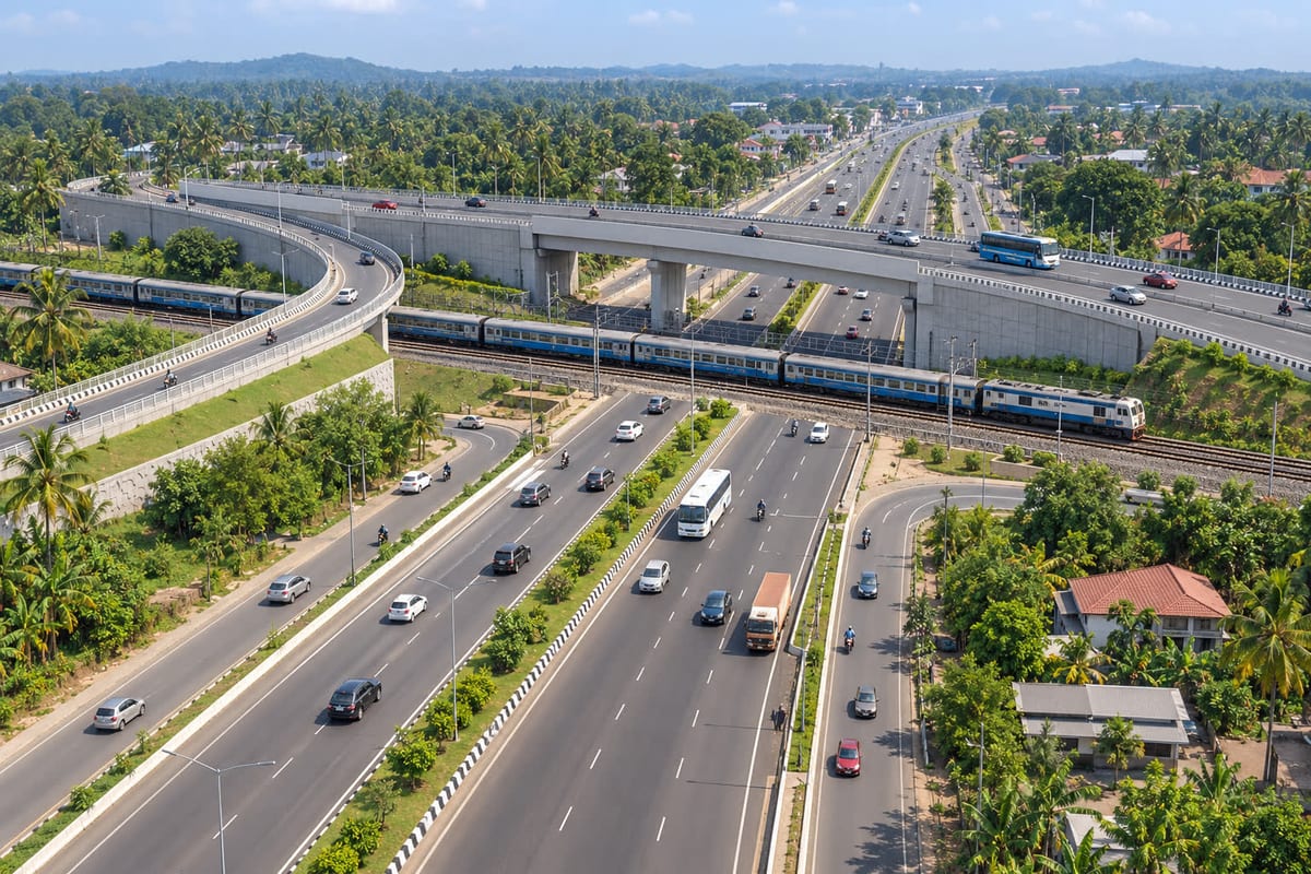Representative editorial illustration of a Kerala highway crossing railway tracks with proposed overbridges and approach roads
