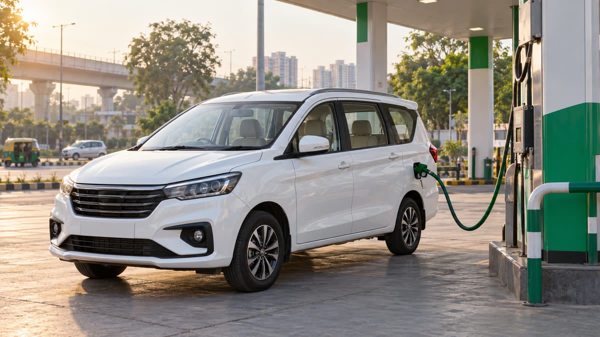 Unbranded white three-row family MPV being refuelled at an Indian CNG station