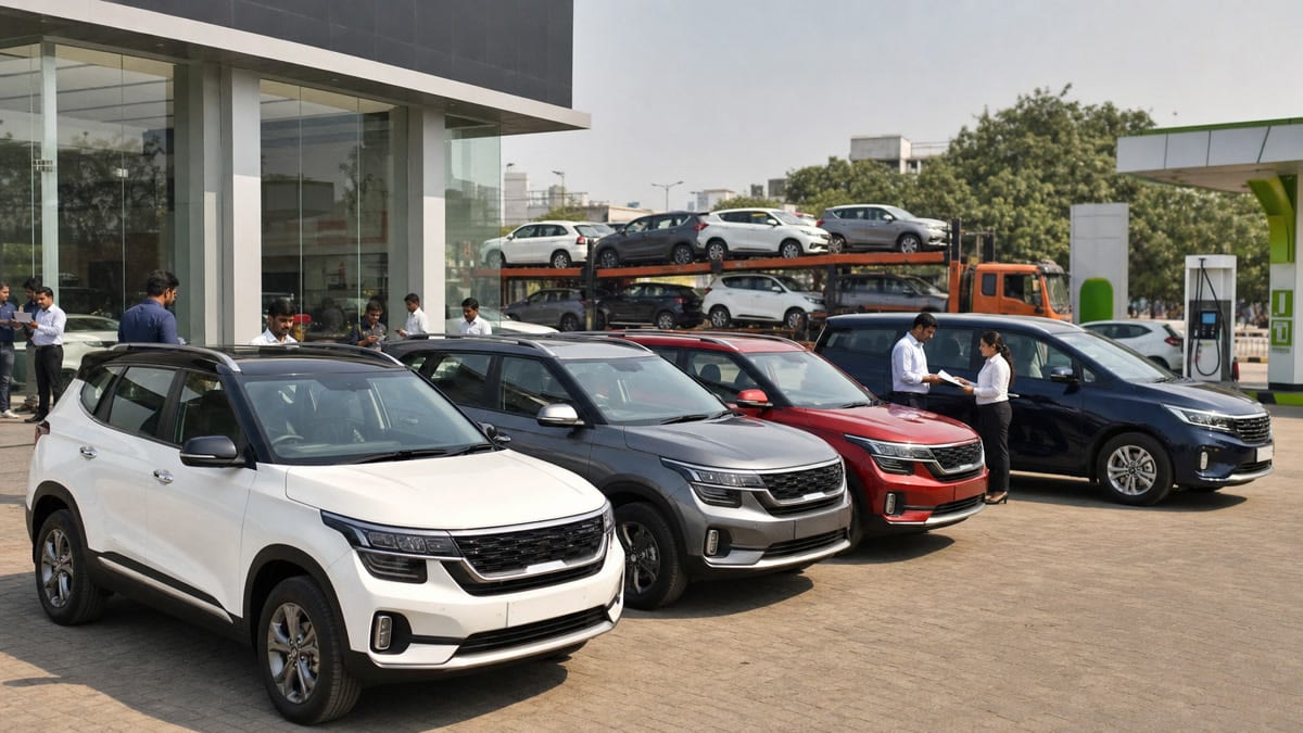 Unbranded SUVs and MPVs lined up at an Indian dealership, representing Kia India record May 2026 sales and demand momentum