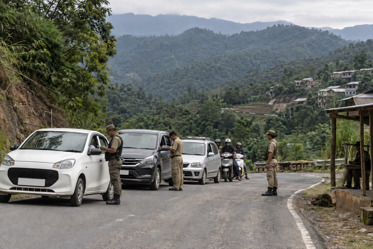 Vehicle document checks on a hilly road in Mizoram