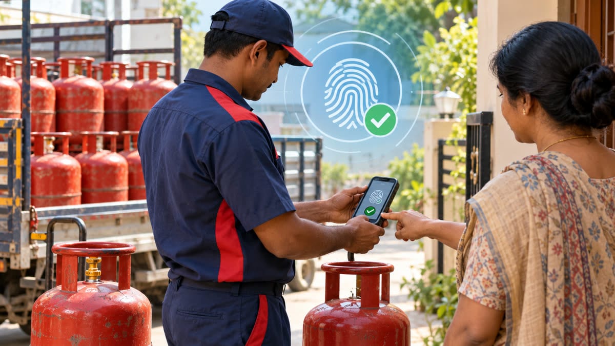 Illustrative domestic LPG delivery with a biometric verification check on a handheld device