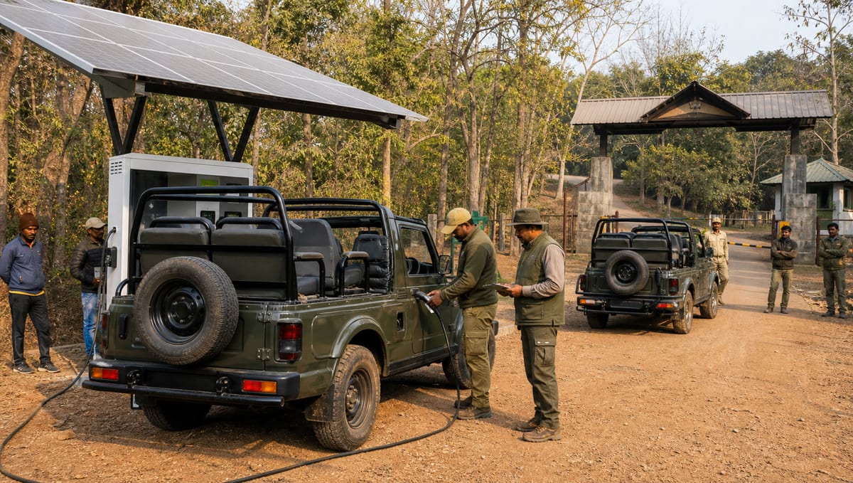 Electric safari vehicles charging near a forest reserve gate in Maharashtra