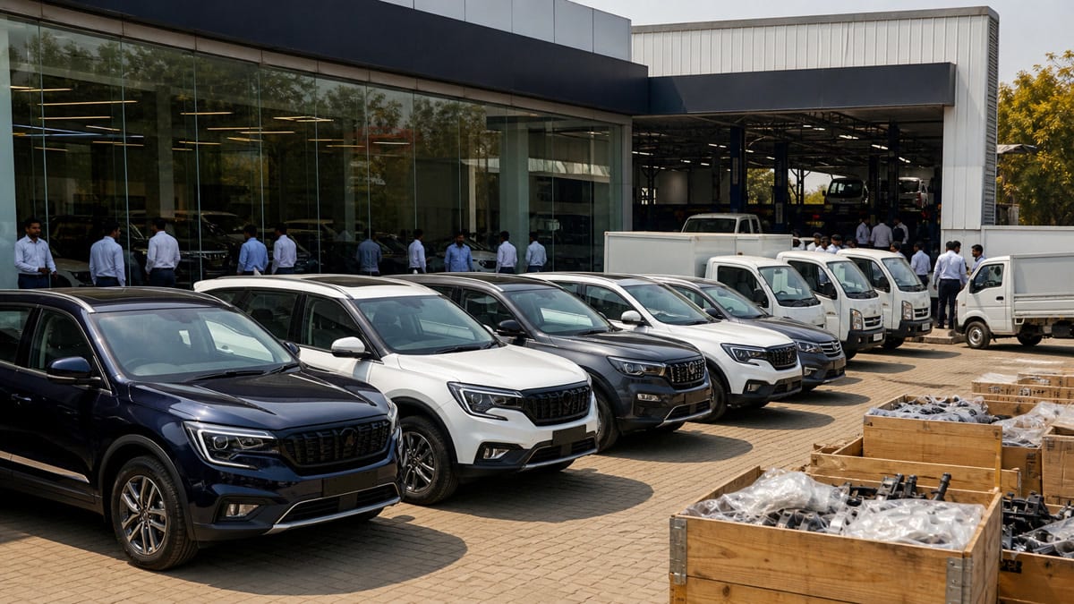 Indian auto dealership with SUVs, light commercial vehicles and parts crates representing May 2026 vehicle demand and supply-chain constraints