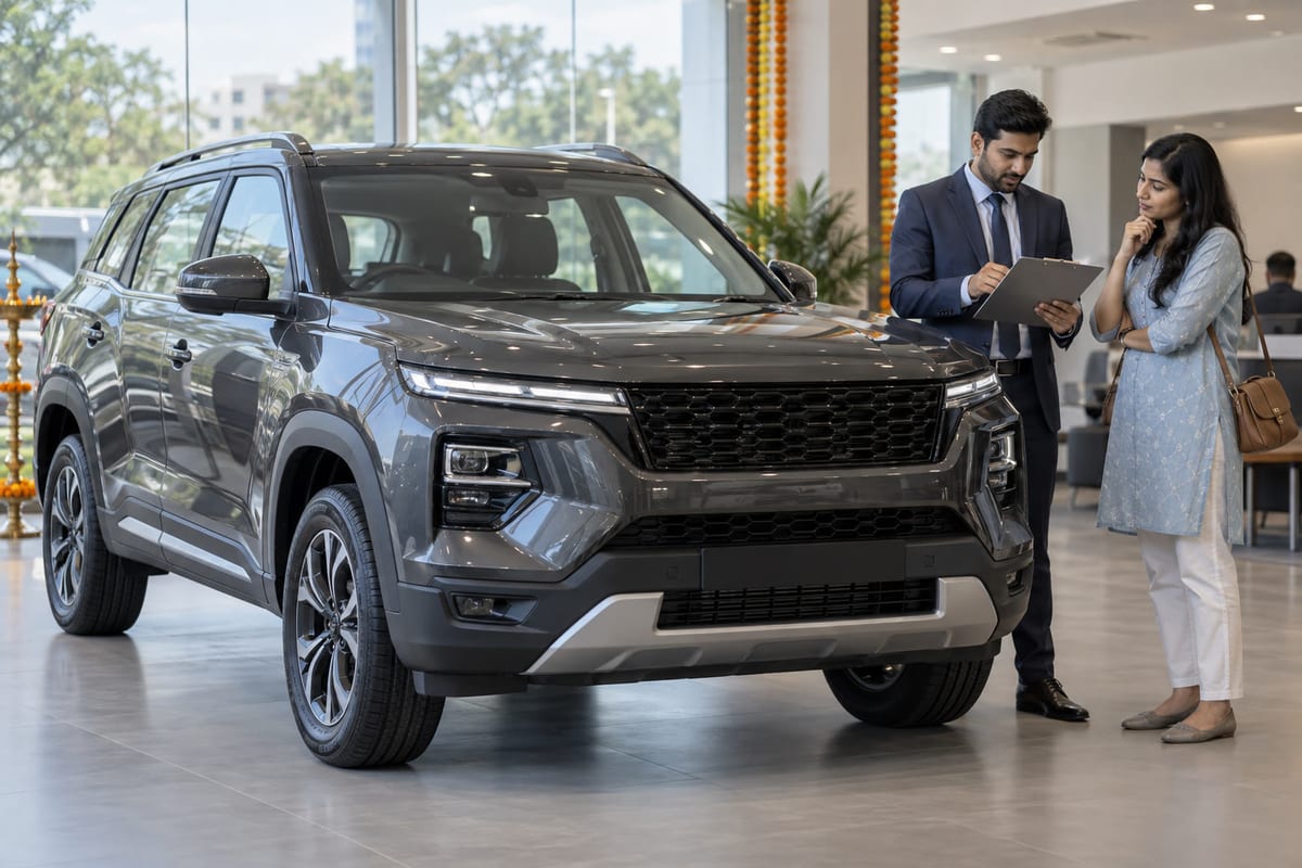 Unbranded SUV in an Indian showroom while a salesperson reviews pricing paperwork with a customer