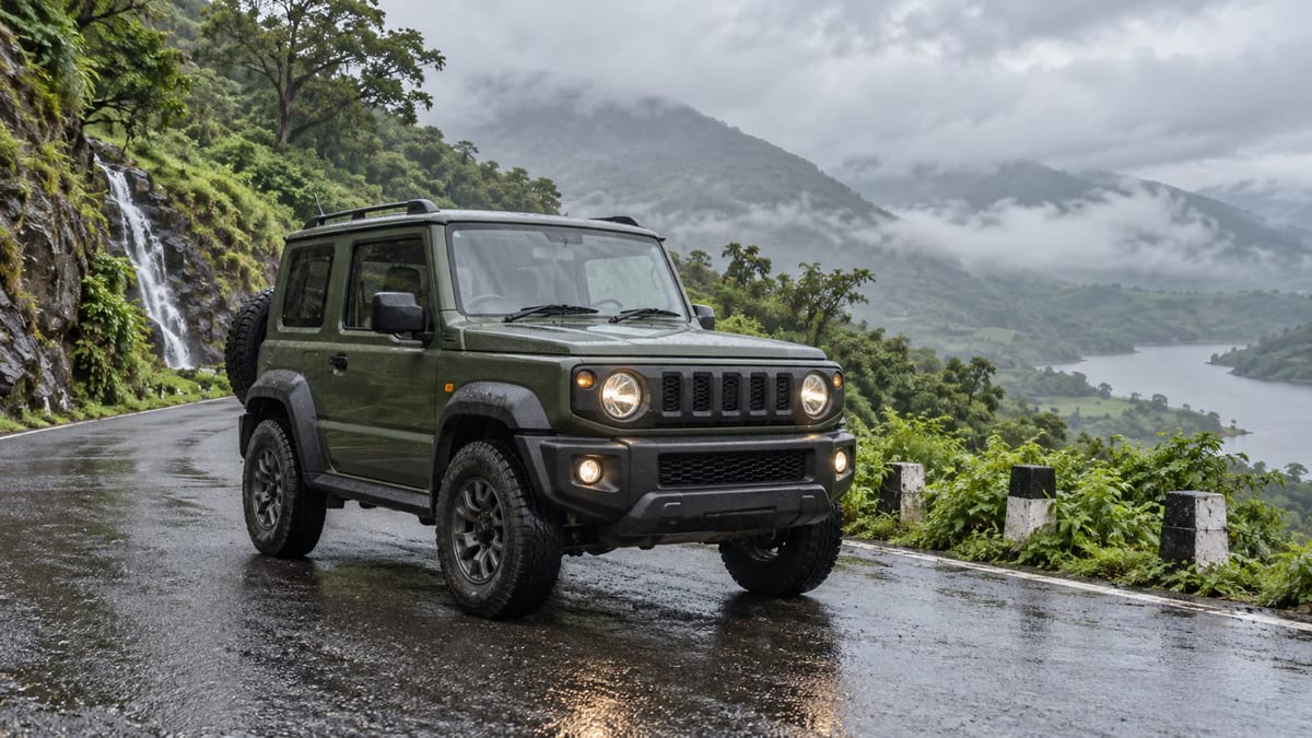 Unbranded three-door off-road SUV on a wet monsoon road in India’s Western Ghats