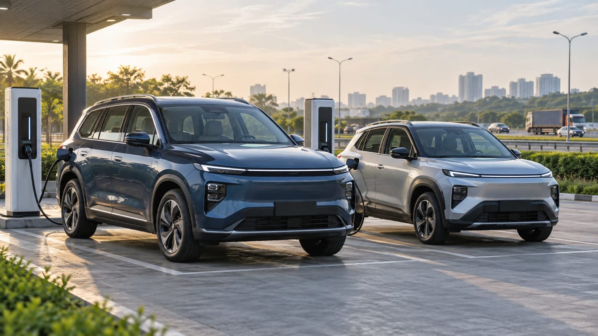 Two unbranded electric SUVs at an Indian charging forecourt, representing August EV sales rankings