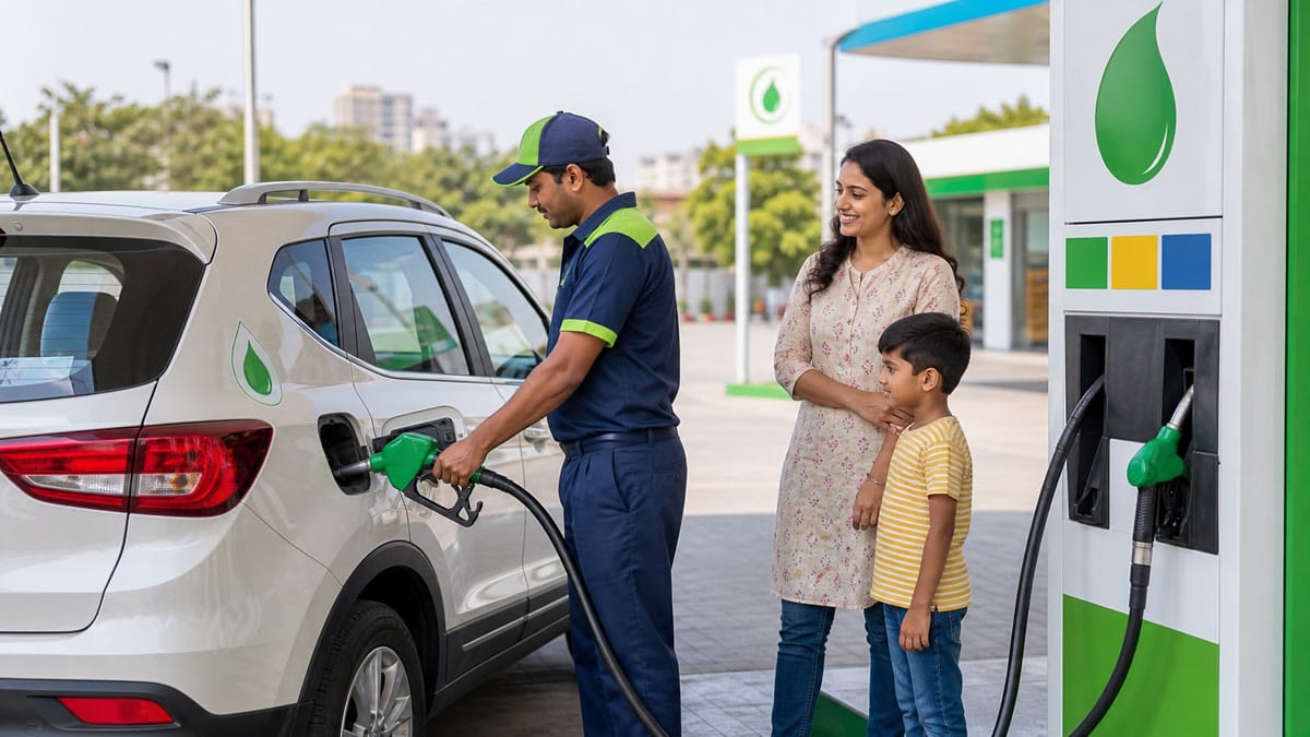 E100-compatible passenger car being refuelled with ethanol at an Indian fuel station