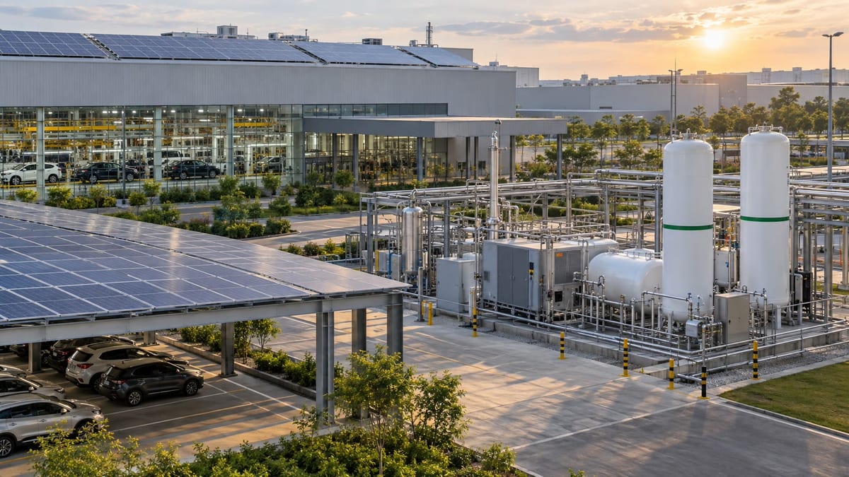 Solar panels and hydrogen storage equipment beside a generic automotive manufacturing plant