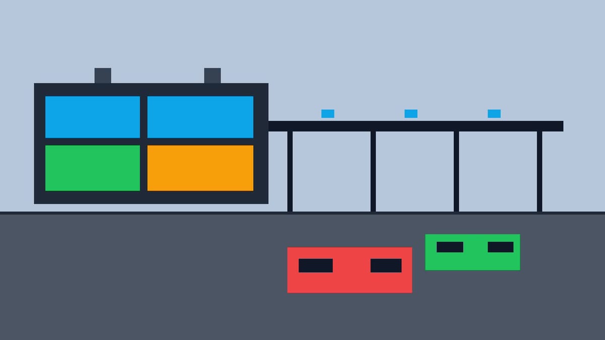 Editorial visual of auto manufacturing plant with outbound vehicle logistics