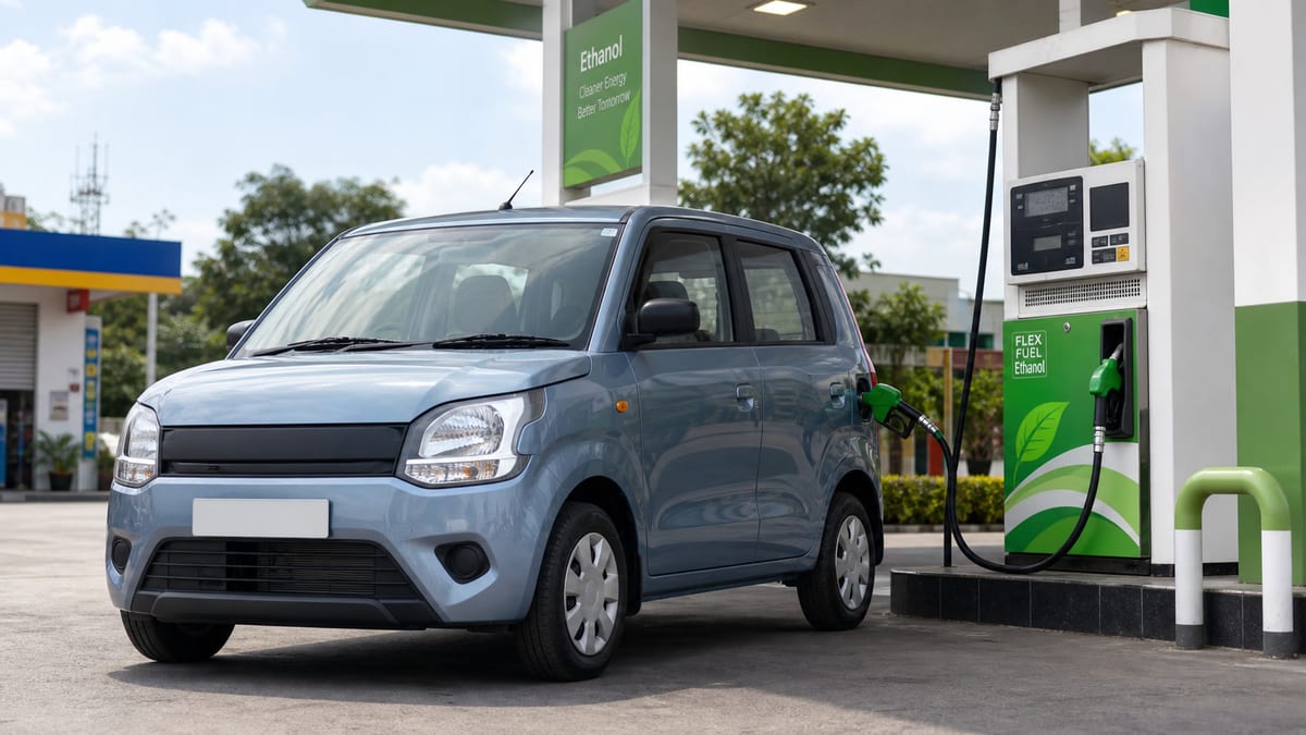 Compact hatchback at an ethanol fuel pump in an editorial illustration of India's flex-fuel car launch