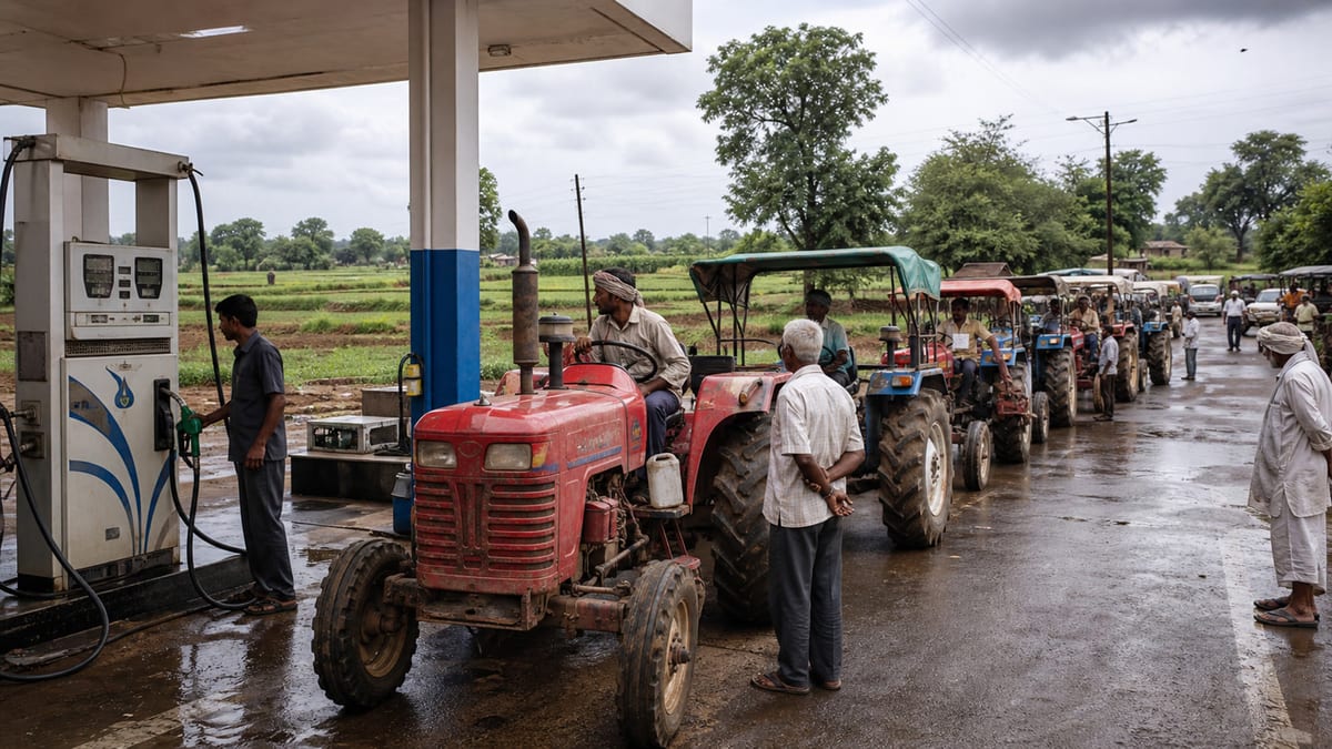 Tractors queued at a rural Maharashtra diesel pump before kharif sowing