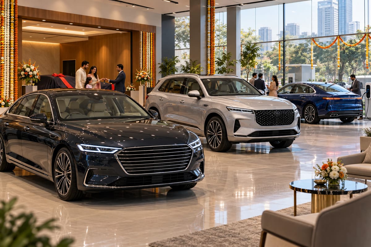 Illustrative Indian premium-car showroom with sedan, SUV and electric car during festive delivery activity