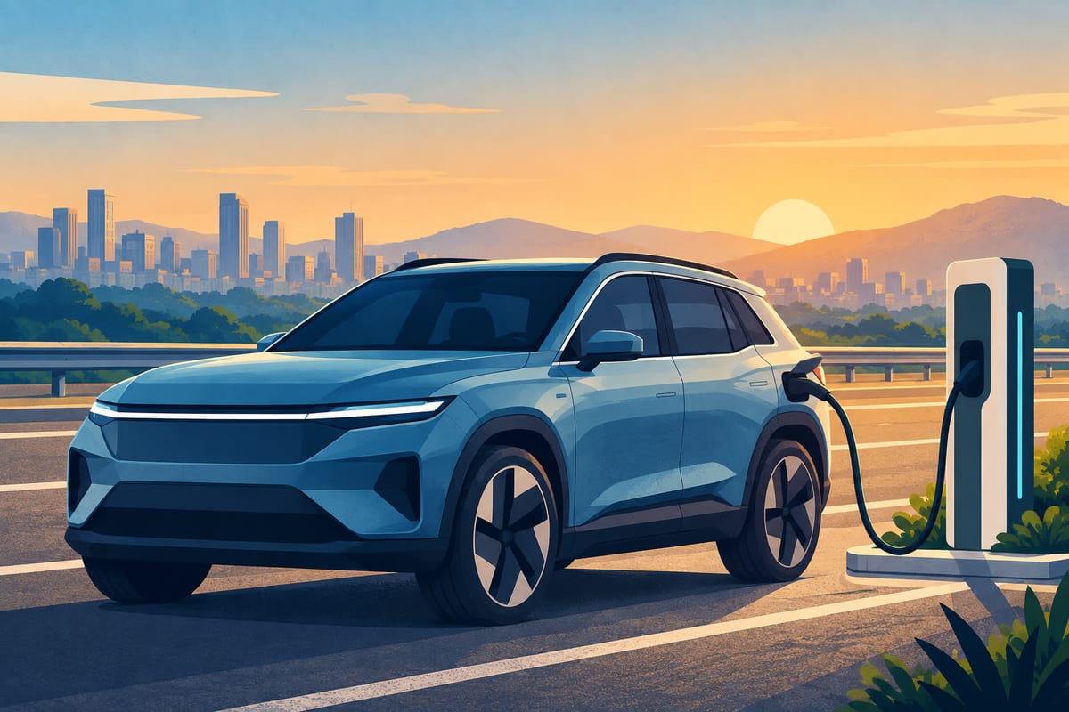 Illustrative drawing of a generic electric SUV charging beside an Indian highway; not a photograph of the Mercedes-Benz GLC Electric.