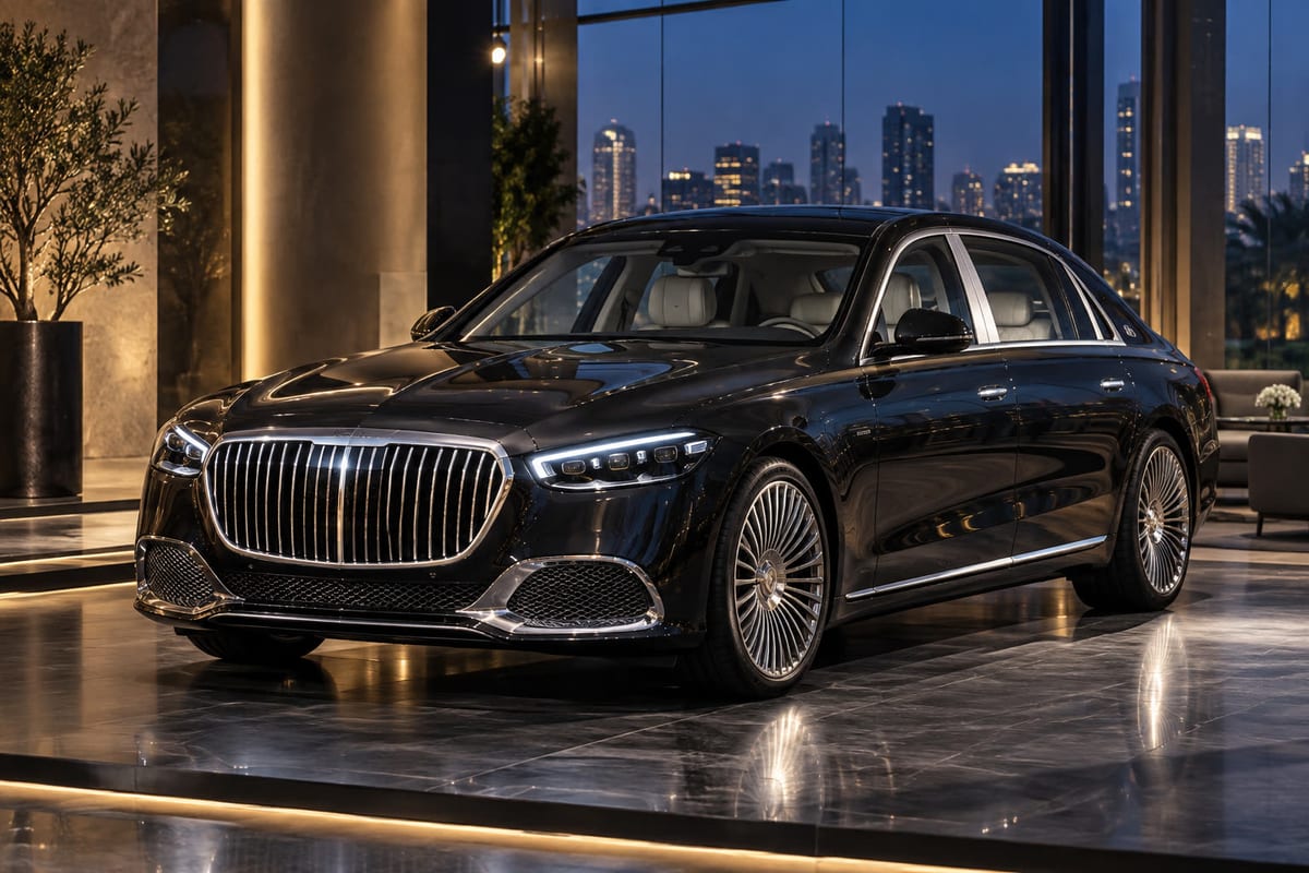 Dark ultra-luxury sedan displayed at a premium Indian launch venue
