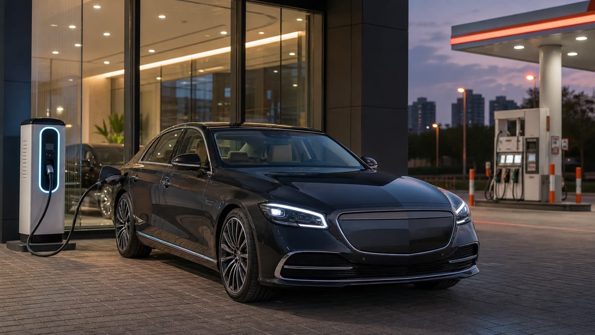 Unbadged luxury plug-in hybrid sedan charging at an Indian dealership forecourt