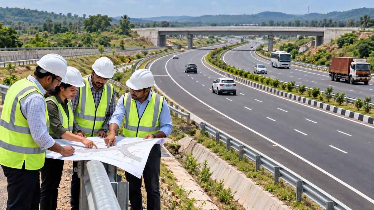 Highway engineers review a road plan beside a multi-lane Indian highway with safe traffic and barriers
