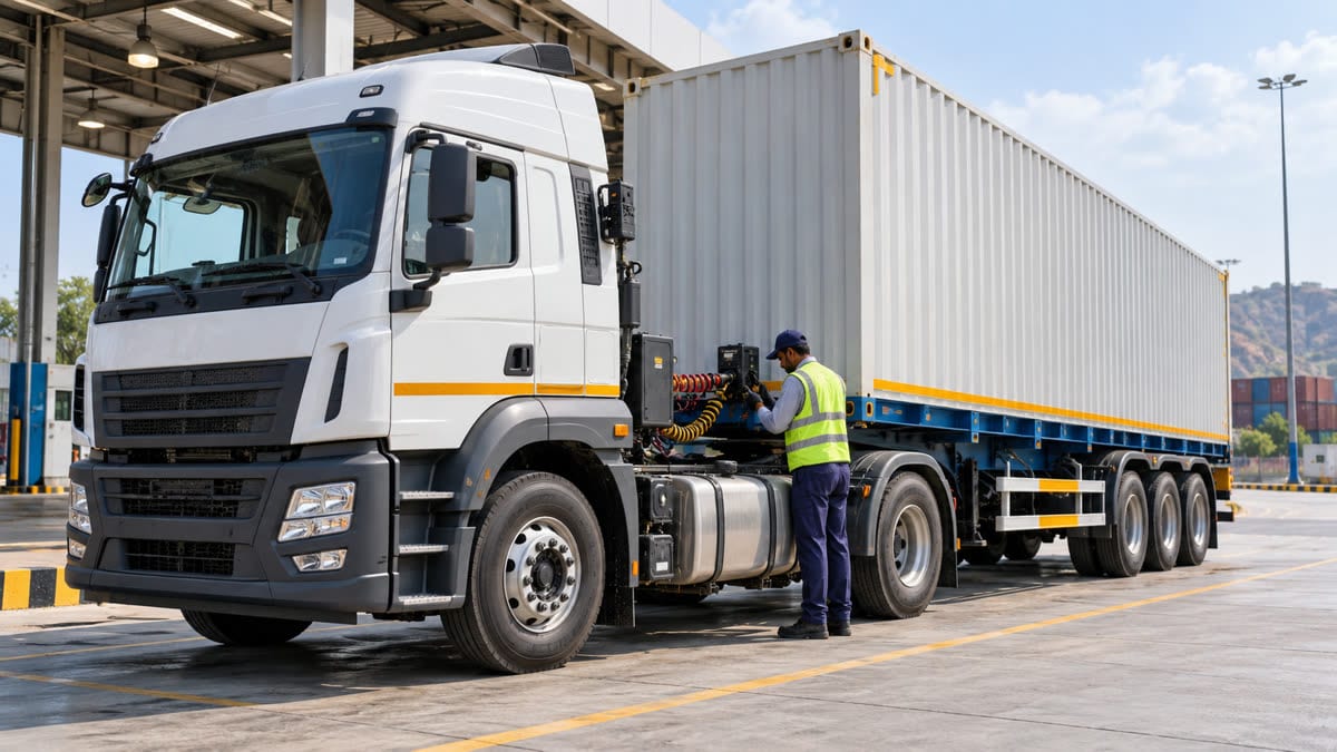 Illustrative Indian haulage tractor and freight trailer being checked for tracking and coupling compliance