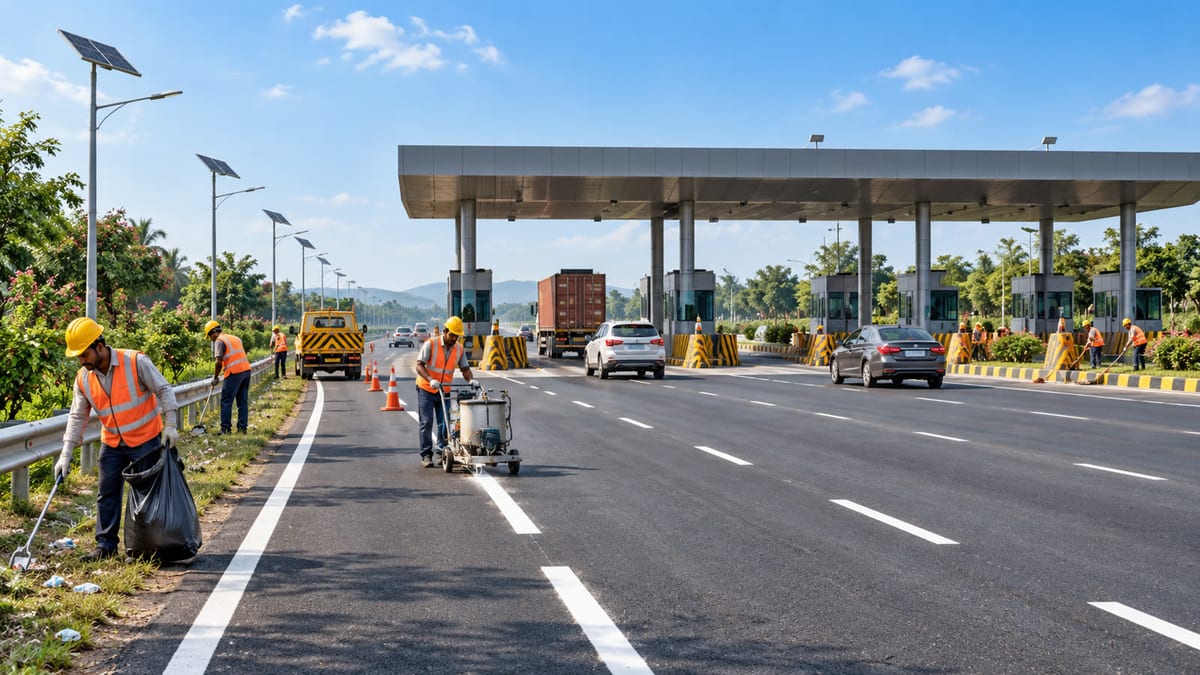 Illustrative Indian national highway toll plaza being cleaned and repainted during a maintenance drive