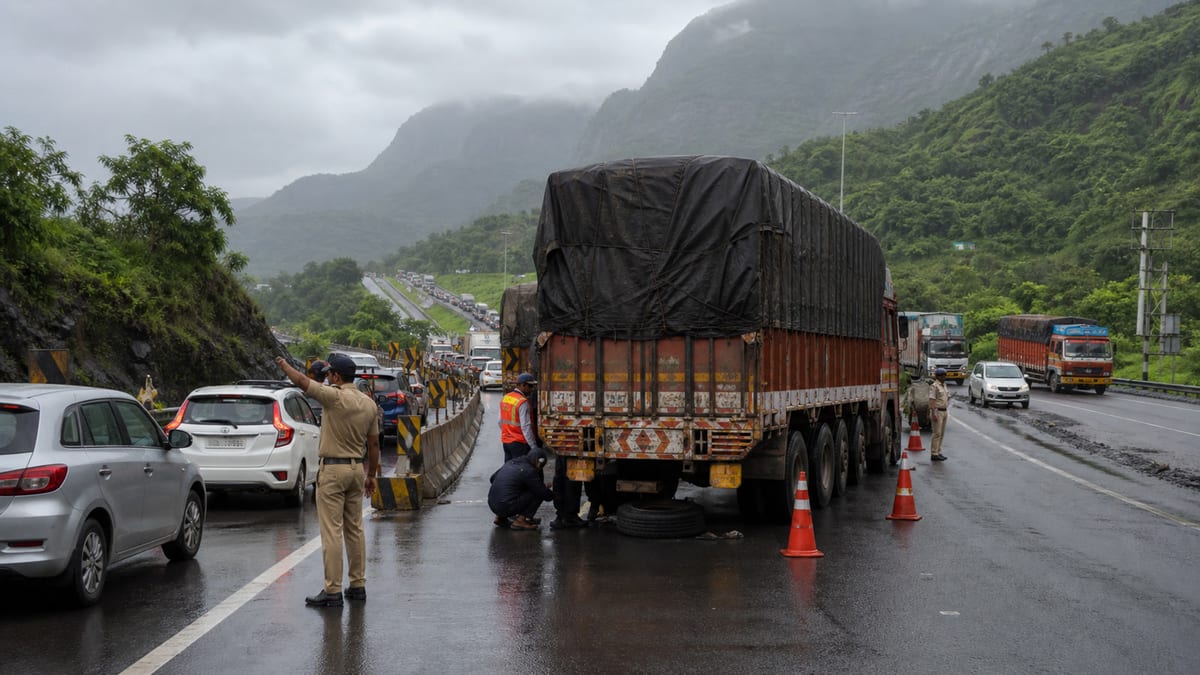 Stalled freight truck on a wet ghat highway near Igatpuri with traffic responders and slow-moving vehicles