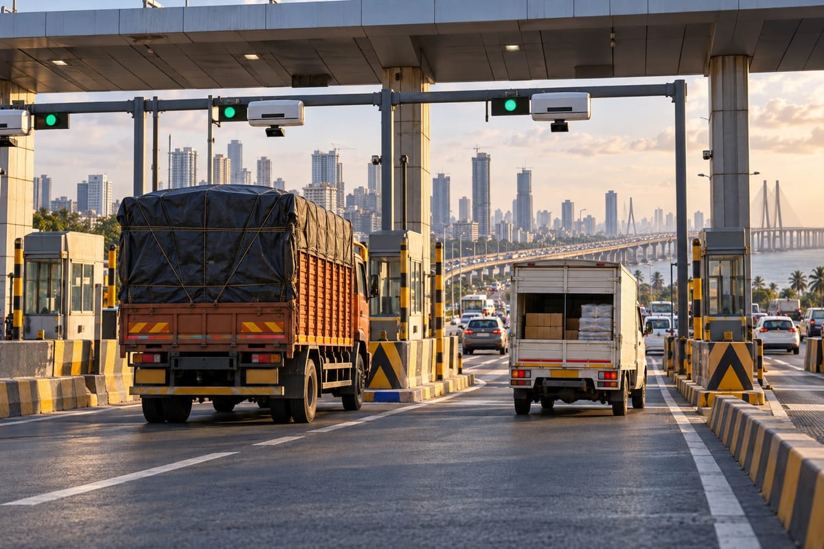 Illustrative view of commercial vehicles passing through a Mumbai-style toll gantry
