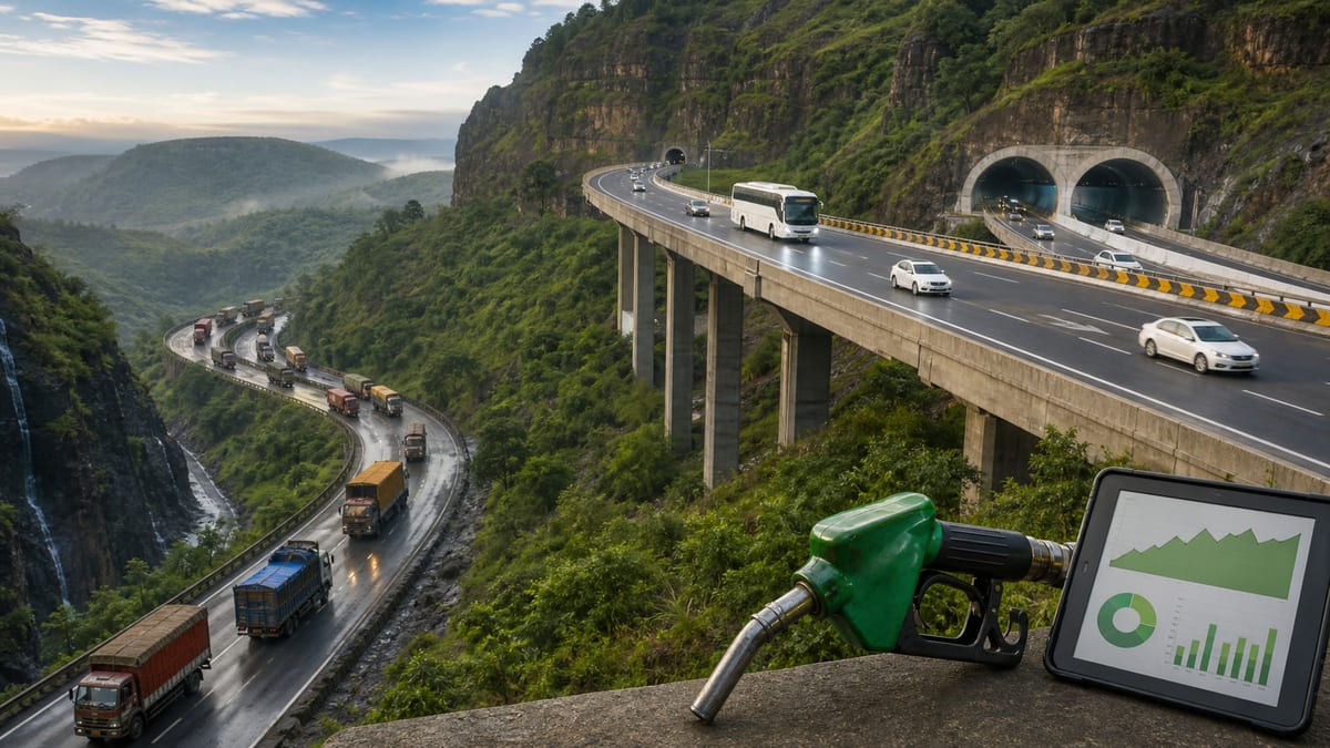 Mumbai Pune Missing Link tunnel and viaduct shifting cars away from old ghat truck traffic to reduce freight fuel use