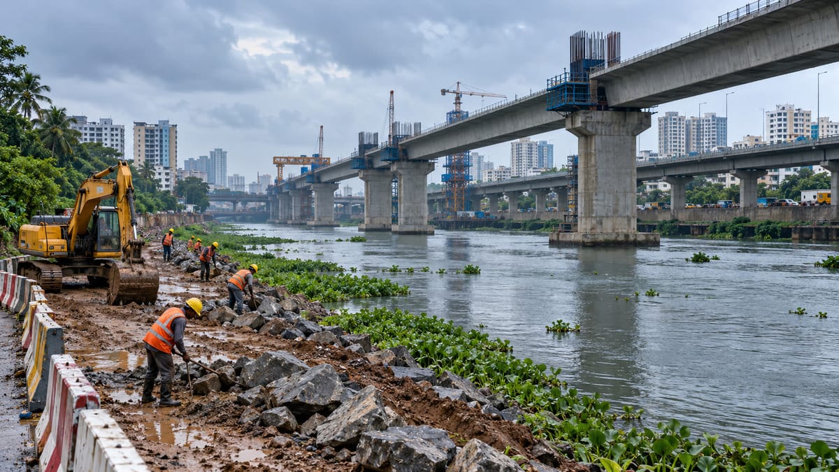Illustrative view of workers clearing rocks beside a city river under an elevated road construction corridor