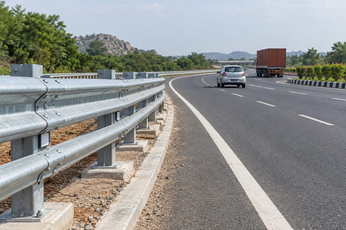 Galvanised crash barriers along a multi-lane Indian highway with a car and truck in the distance
