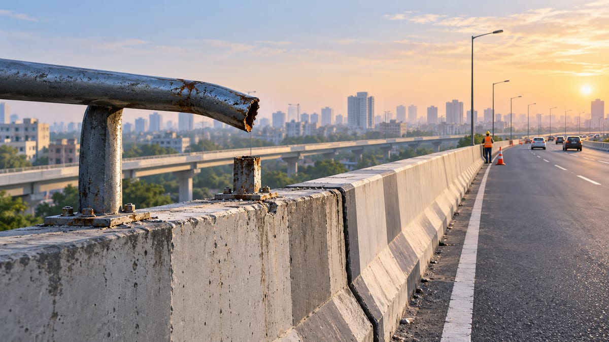 Illustration of a damaged metal flyover railing beside a concrete crash barrier on an urban expressway